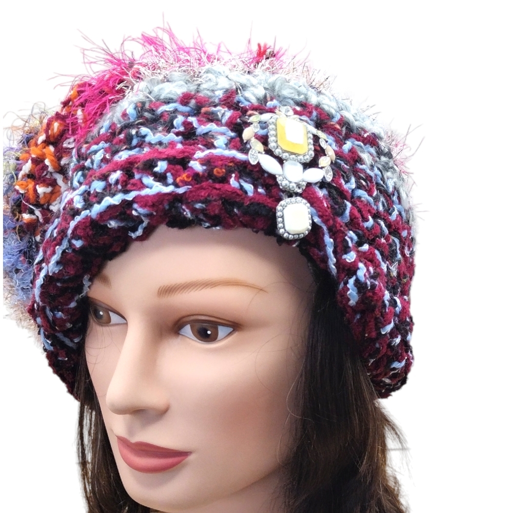 Bohemian Slouchy warm knit colorful women's hat & antique brooch